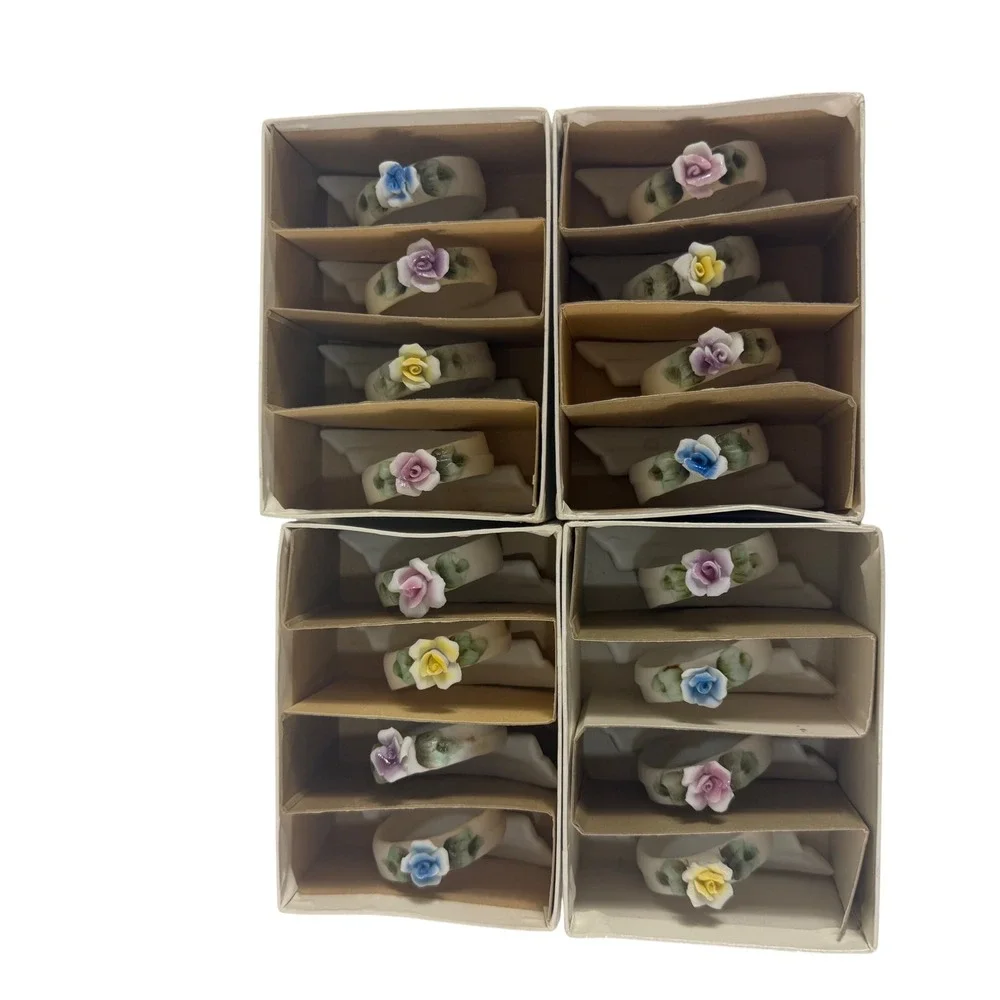 16 Vintage Porcelain Rose Napkin Rings Floral Ribbon Scroll‎ Set Made in Japan